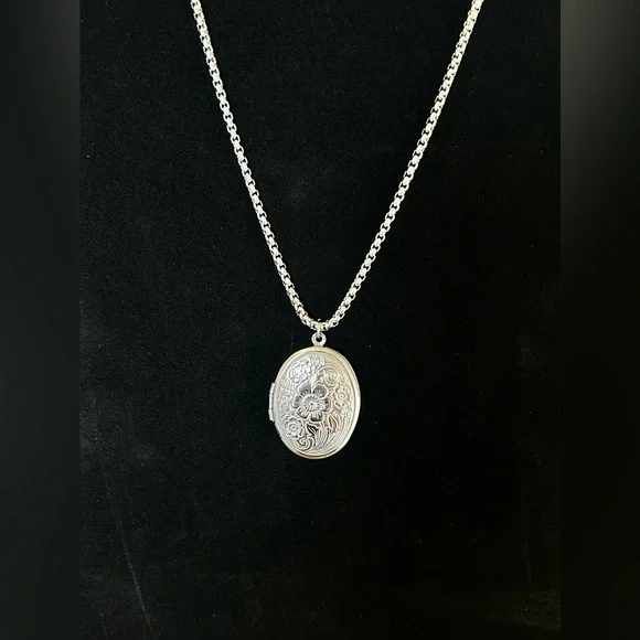 Floral Locket Necklace, Sterling Silver over Stainless Steel - Picture 5 of 9